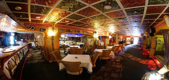 The hall of the restaurant "White Sun of the Desert." Visit at a discount